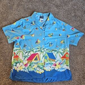 Jantzen Tropical Blue Shirt with Sailboats and Flowers